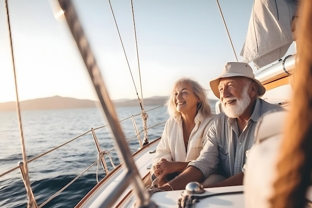 日没または日の出時にヨットに乗った美しく幸せな白人の老夫婦 2023 年 5 月に生成されたニューラル ネットワーク 実際の人物のシーンやパターンに基づいていない