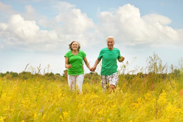 Beautiful happy senior couple running in summer field