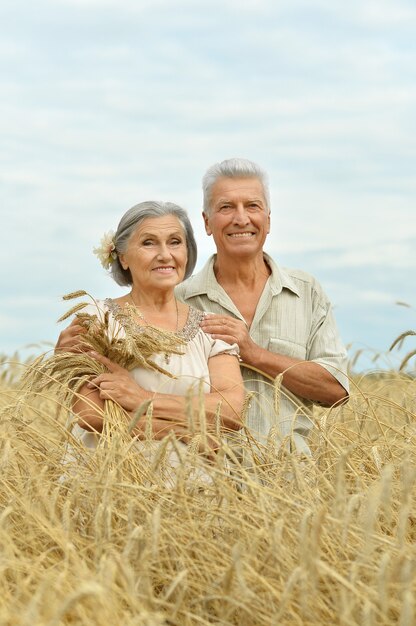 Beautiful happy senior couple in summer field