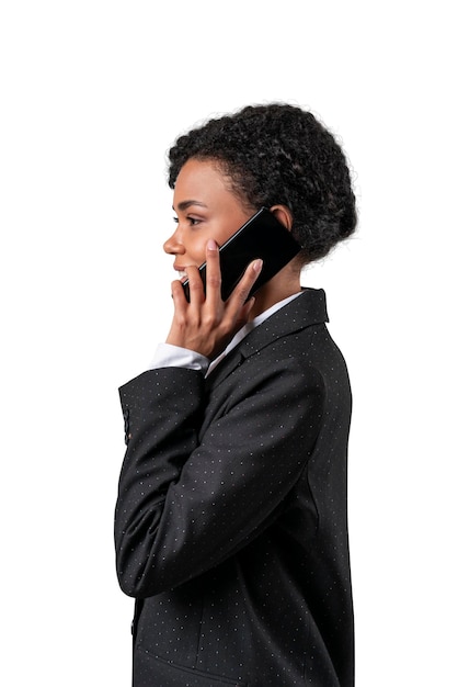 Beautiful happy smiling african american businesswoman talking on the phone Isolated on white background