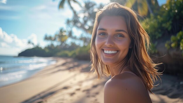 Foto bella giovane donna sorridente felice sulla spiaggia tropicale ai generato