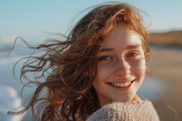 바람에 날려 머리카락 초상화와 함께 해변에 아름다운 행복한 여성
