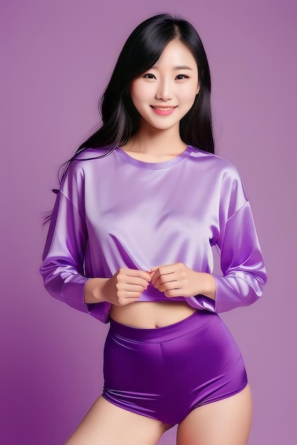 beautiful happy woman on a plain purple background