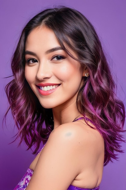 Photo beautiful happy woman on a plain purple background
