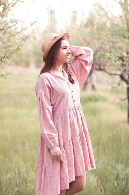 Beautiful happy woman wearing country style dress