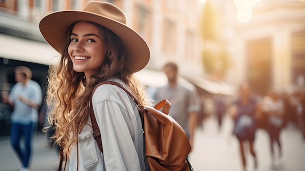 バックパックで市内を旅行する美しい幸せな若いファッショナブルな女性観光客ライフ スタイル ショッピング旅行のコンセプト