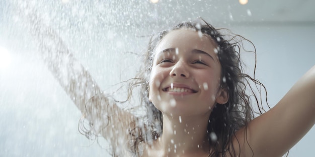 Beautiful happy young girl in fresh shower on white background