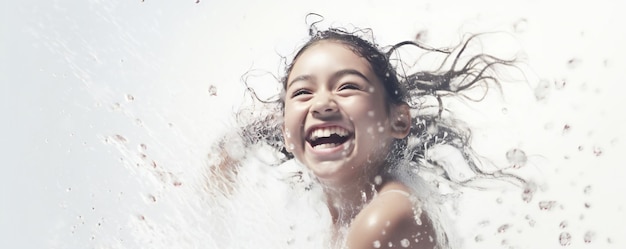 사진 색 배경 에 신선 한 샤워 에 아름다운 행복 한 젊은 소녀