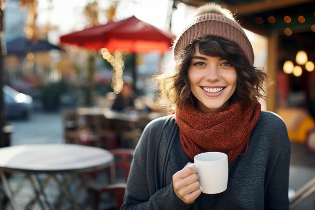Beautiful happy young woman with a smile in a stylish scarf with a vintage vintage hat holding a cup of coffee on the street in the city