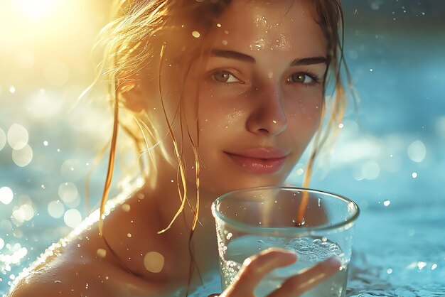 Foto bella a bere il succo mentre fa il bagno in piscina
