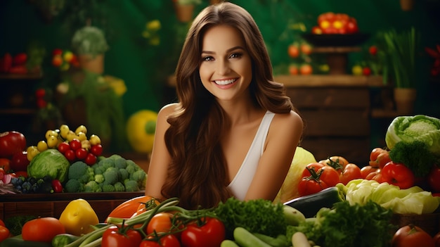 Beautiful healthy girl with a vegetables fruits