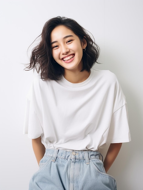 Beautiful healthy smile mixed race girl wearing jeans and white tee at clean simple background