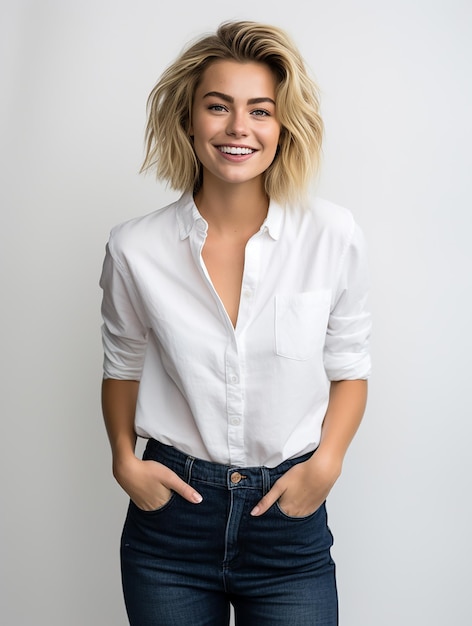 Красивая здоровая улыбка девушки смешанной расы в джинсах и белой футболке на чистом простом фоне