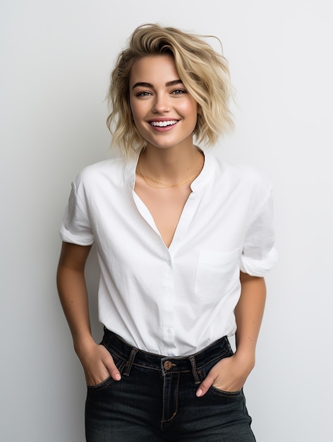 Beautiful healthy smile mixed race girl wearing jeans and white tee at clean simple background