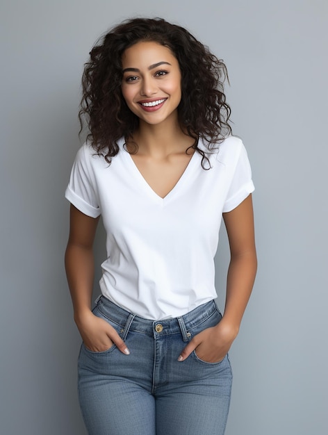 Beautiful healthy smile mixed race girl wearing jeans and white tee at clean simple background