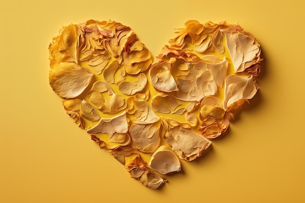 Beautiful heart made of rose petals on yellow background double exposure created with generative ai