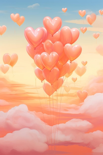 桃の綿毛色の空を背景に美しいハート型の風船ロマンチックな雰囲気