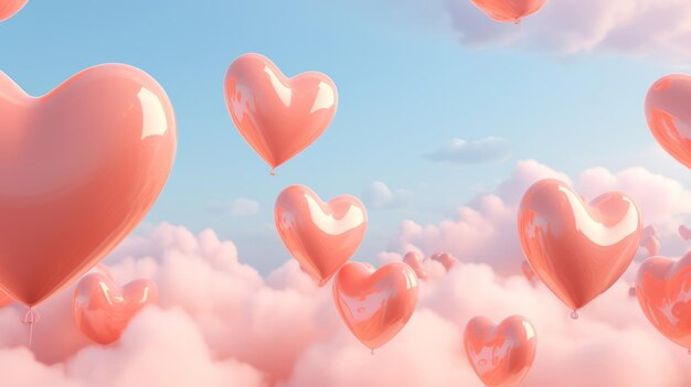 Beautiful heart shaped balloons in the peach fuzz color sky as a background Romantic atmosphere