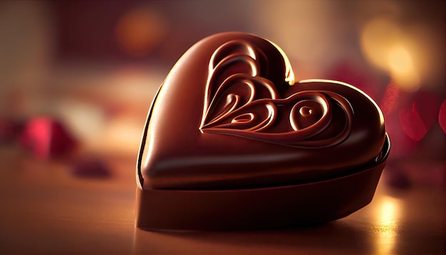 A beautiful heart-shaped chocolate is on a table.