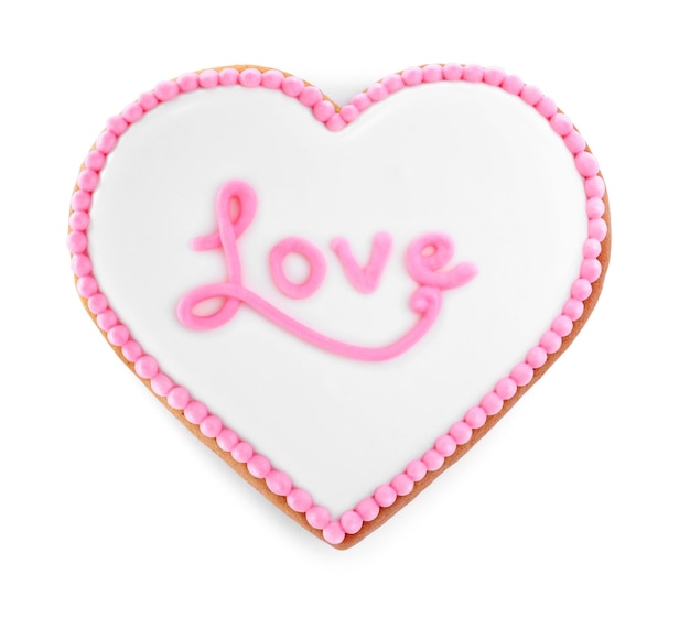 Beautiful heart shaped cookie with word Love on white background top view Valentine's day treat