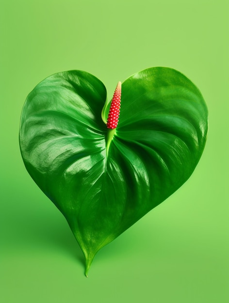 Beautiful heart shaped green anthurium of leaves and flowers on green background Generative AI