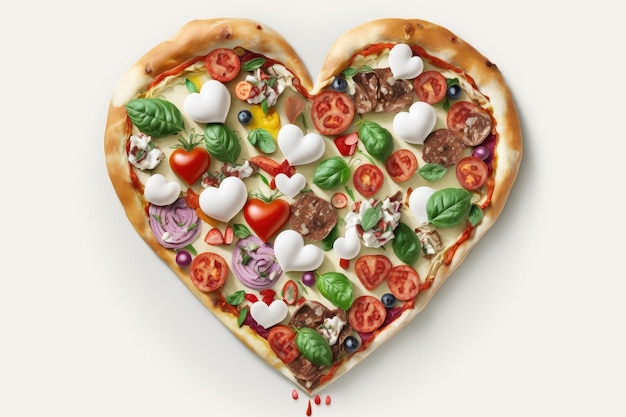 Photo beautiful heartshaped pizza with a variety of toppings on a white background