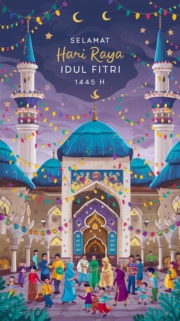 A beautiful and heartwarming illustration of a mosque adorned with colorful lights and decorations