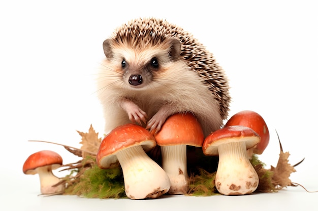 A beautiful hedgehog with red mushrooms on a white background