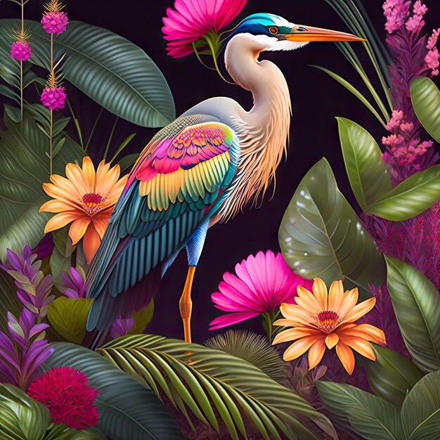 Beautiful Heron in exotic jungle full of tropical leaves and large flowers