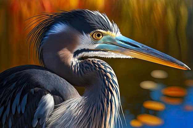 Beautiful heron with bright blue feathers and yellow beak in sun generative ai