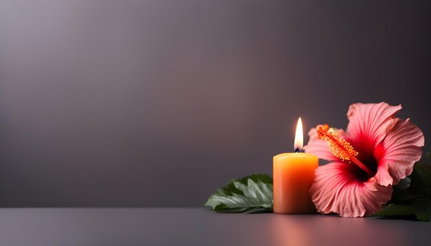 Beautiful hibiscus and burning candle on dark background