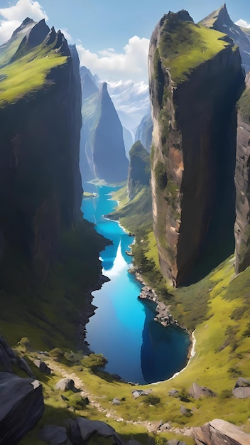 Красивая скрытая долина с голубо-зеленой рекой фантастическое искусство пейзаж обои фона