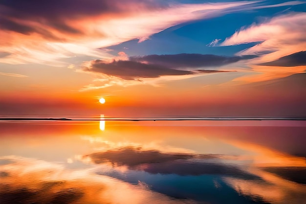 Beautiful high angle shot in a rippling sea under an orangepink sky at sunset