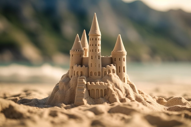 Photo beautiful highly detailed sand castle on the beach against a blurred natural mountains background