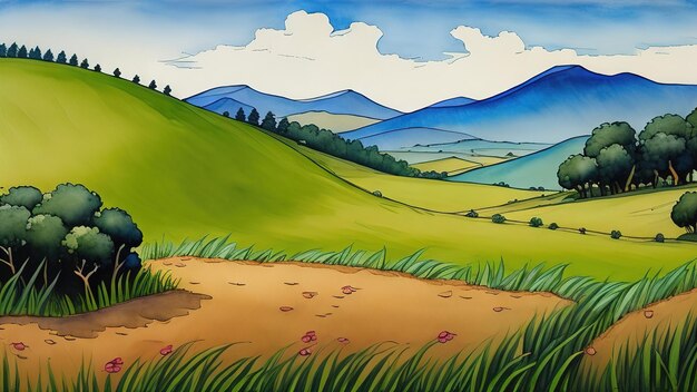 Beautiful hills landscape watercolor