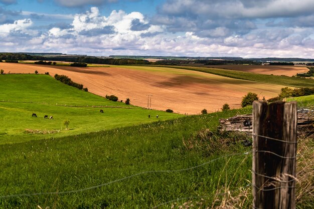 Beautiful hilly french countryside landscape meadow field horizon and sky