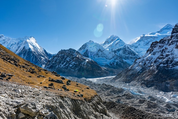 Beautiful himalaya views on the way to pangpema during kanchenjunga north base camp trek in nepal