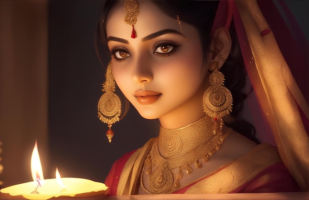 ディワリの日の光の祭典の美しいヒンディー語女性の画像