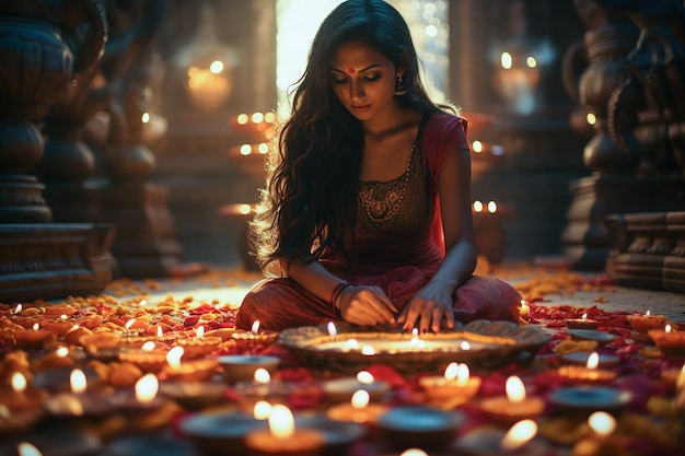 Beautiful Hindu Indian woman lighting up candles at Diwali festival Generative Ai