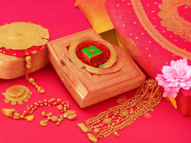 Beautiful hindu traditional raksha bandhan festival background and gift box ai generated