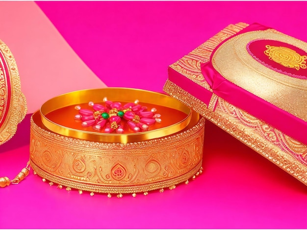 Beautiful hindu traditional raksha bandhan festival background and gift box ai generated