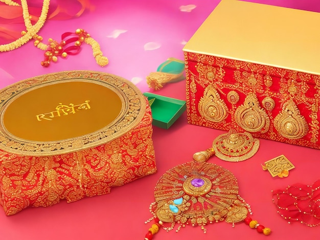 Beautiful hindu traditional raksha bandhan festival background and gift box ai generated