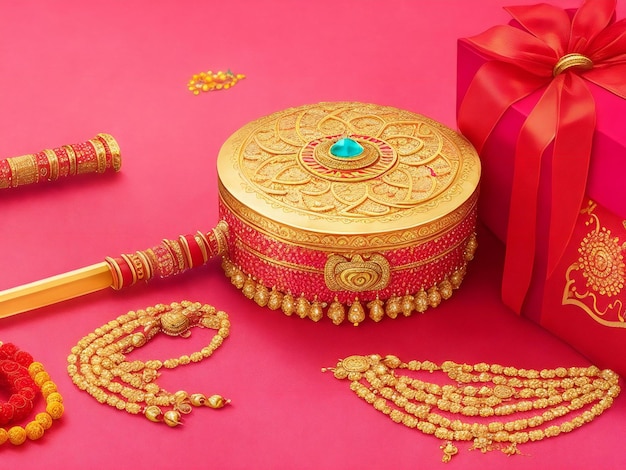 Beautiful hindu traditional raksha bandhan festival background and gift box ai generated