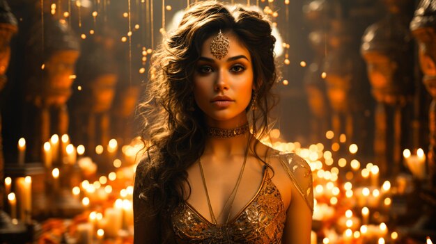 A beautiful Hindu woman adorned in gold celebrating