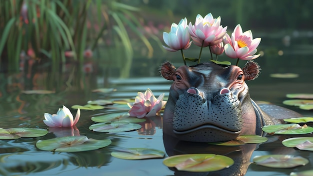 A beautiful hippopotamus is resting in a pond The hippo has three pink water lilies on its head