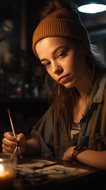 Beautiful hipster artist young woman painting with paintbrush at table in night