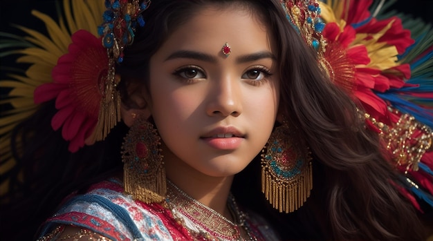 Beautiful Hispanic Heritage Girl Celebrating Culture Woman Traditional Dress With Makeup AI Generative