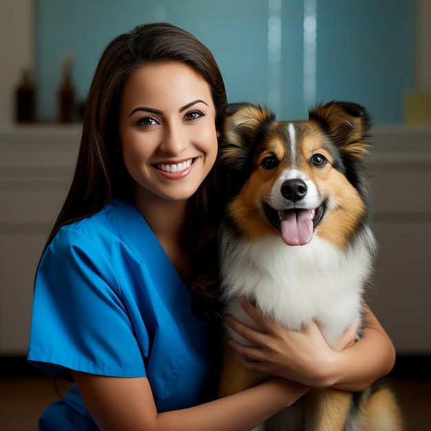 Beautiful Hispanic Veterinarian Woman Holding Dog