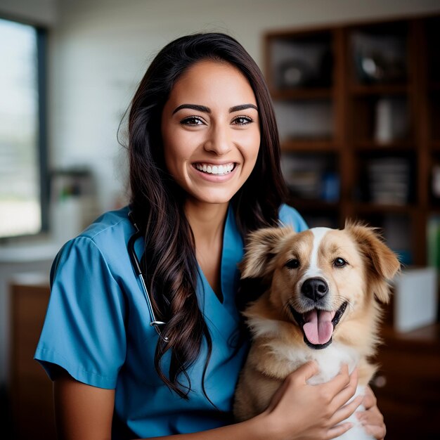 Beautiful Hispanic Veterinarian Woman Holding Dog