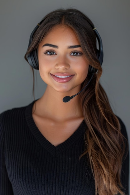 A beautiful Hispanic woman smiling while wearing a headset